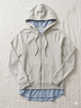 DKNY Twofer Hoodie Womens Hooded Sweatshirt Top Full Zip Gray Blue Layered XS